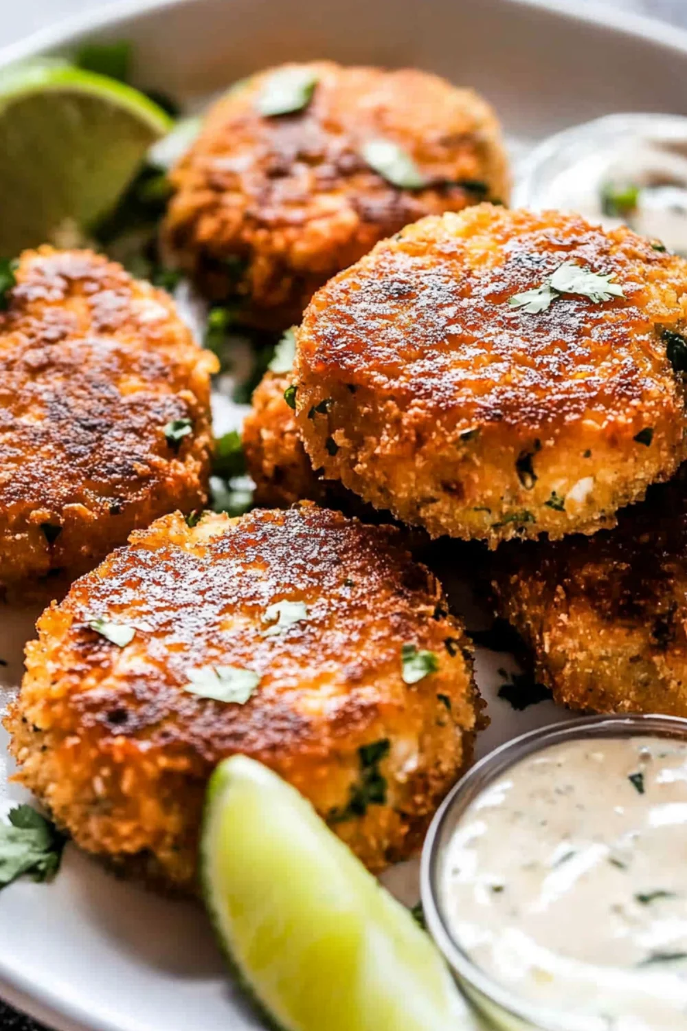 Crispy golden-brown fish cakes served with a side of dipping sauce and a wedge of lemon.